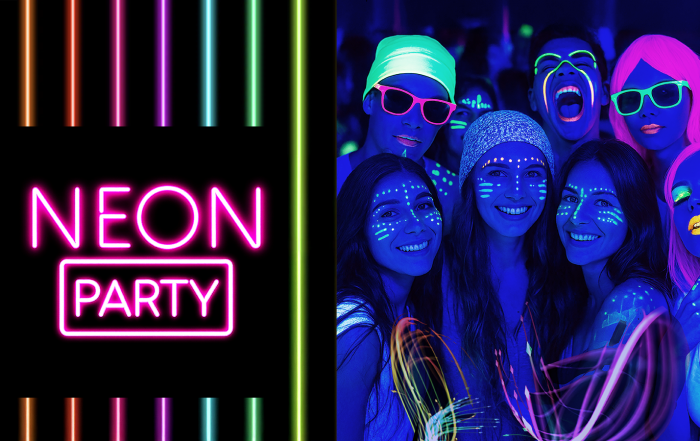 Gäste feiern ausgelassen bei einer Neon Party mit UV-Licht, leuchtendem Make-up und 80er-Outfits – Hanseatic DJs sorgen für perfekten Sound und Atmosphäre