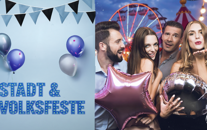 Gruppe feiert ausgelassen auf einem Stadtfest mit bunten Lichtern und Riesenrad – Hanseatic DJs sorgen für Musik, Stimmung und generationsübergreifende Partymomente