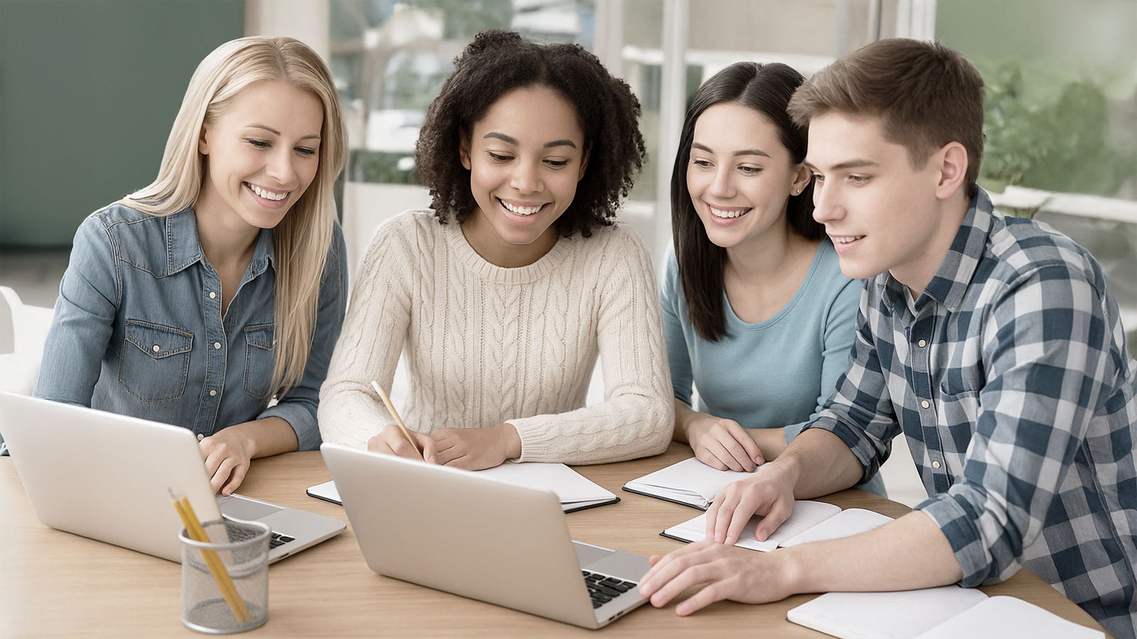 Abiball planen – mit den besten Tipps zur legendären Party Vier Schüler:innen sitzen mit Laptops und Notizbüchern an einem Tisch – gemeinsames Planen und Organisieren des Abiballs