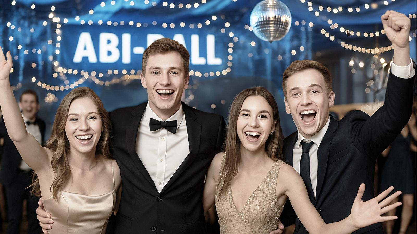 Abiball feiern – die besten Tipps zur legendären Party mit Hanseatic DJs Vier festlich gekleidete Abiturient:innen feiern gemeinsam unter Lichterketten und Discokugel – ausgelassene Stimmung beim Abiball mit Hanseatic-DJs