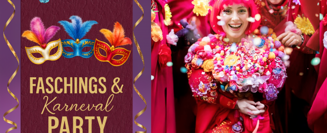 Bunte Masken und ein fröhlich kostümierter Gast mit Blumenstrauß – ausgelassene Faschings- und Karnevalsstimmung mit Hanseatic-DJs