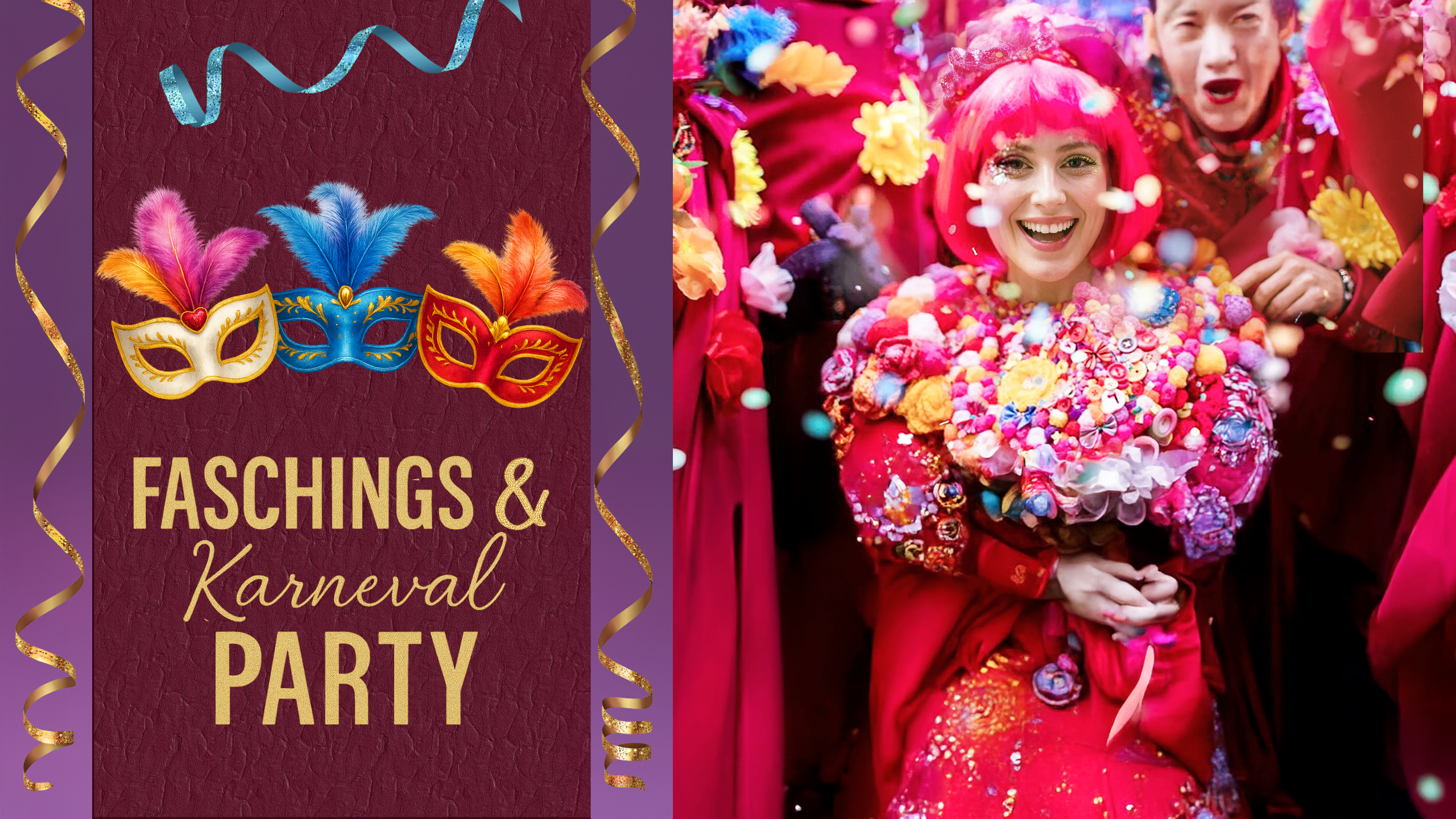 Bunte Masken und ein fröhlich kostümierter Gast mit Blumenstrauß – ausgelassene Faschings- und Karnevalsstimmung mit Hanseatic-DJs