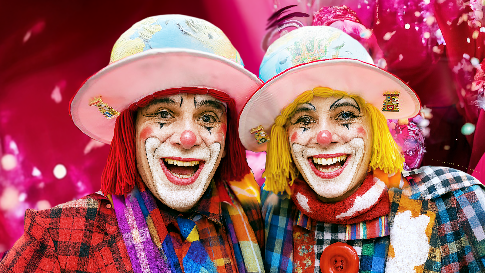 Faschingsparty mit Hanseatic DJs – Clowns, Kostüme & die perfekte Musik Zwei fröhliche Clowns mit bunten Perücken, geschminkten Gesichtern und auffälligen Kostümen – ausgelassene Stimmung bei der Faschings- & Karnevalsparty mit Hanseatic-DJs