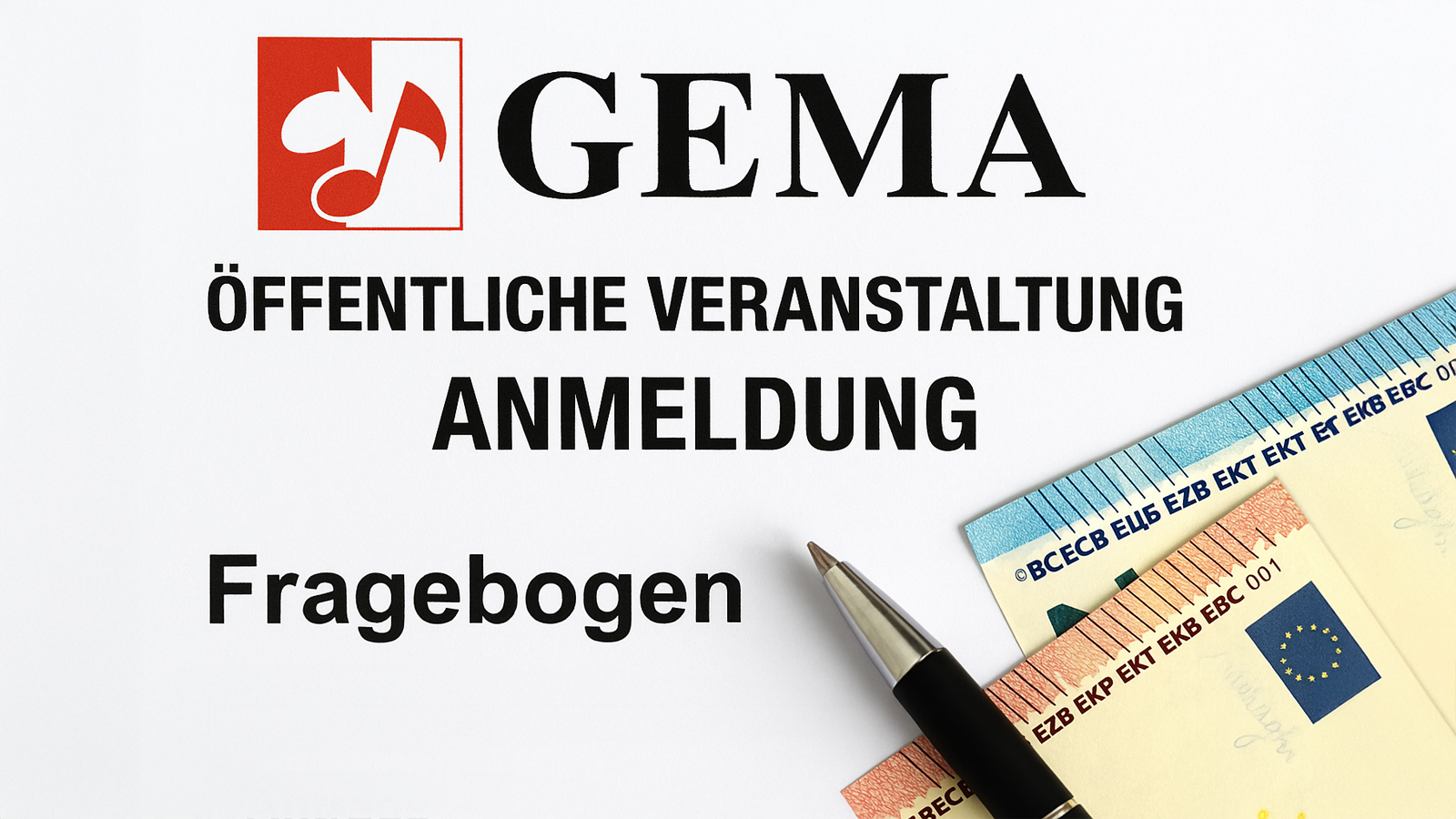 GEMA-Anmeldeformular mit Euro-Scheinen und Kugelschreiber – rechtliche Vorbereitung für Stadtfeste und Zeltpartys mit Hanseatic-DJs