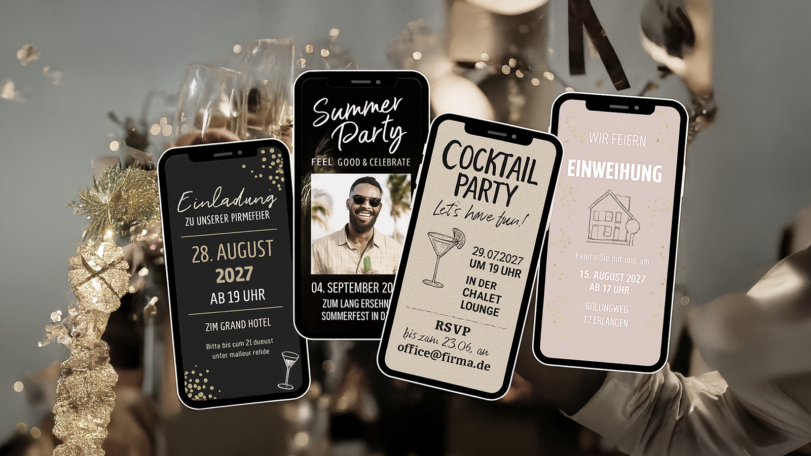 Digitale Einladungen auf Smartphones vor festlichem Hintergrund – moderne Kommunikation für Firmenfeiern und Business-Events mit Event-DJ Tom Hendrics