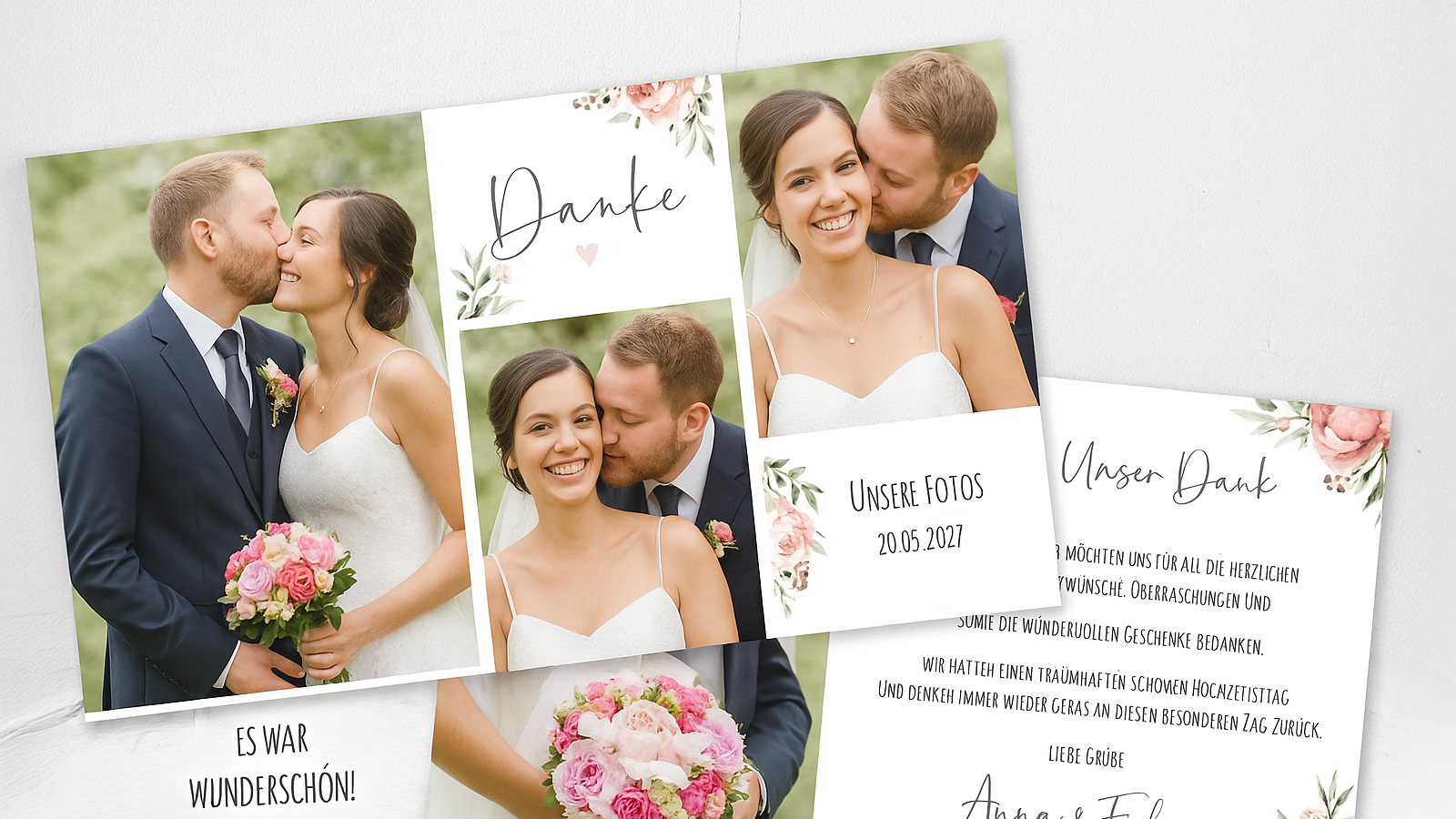 Danksagungskarten gestalten – die schönsten Ideen für eure Traumhochzeit Danksagungskarten mit Hochzeitsfotos und floralen Designs – stilvolle Wertschätzung für Gäste und Dienstleister nach der Traumhochzeit mit Event-DJ Tom Hendrics