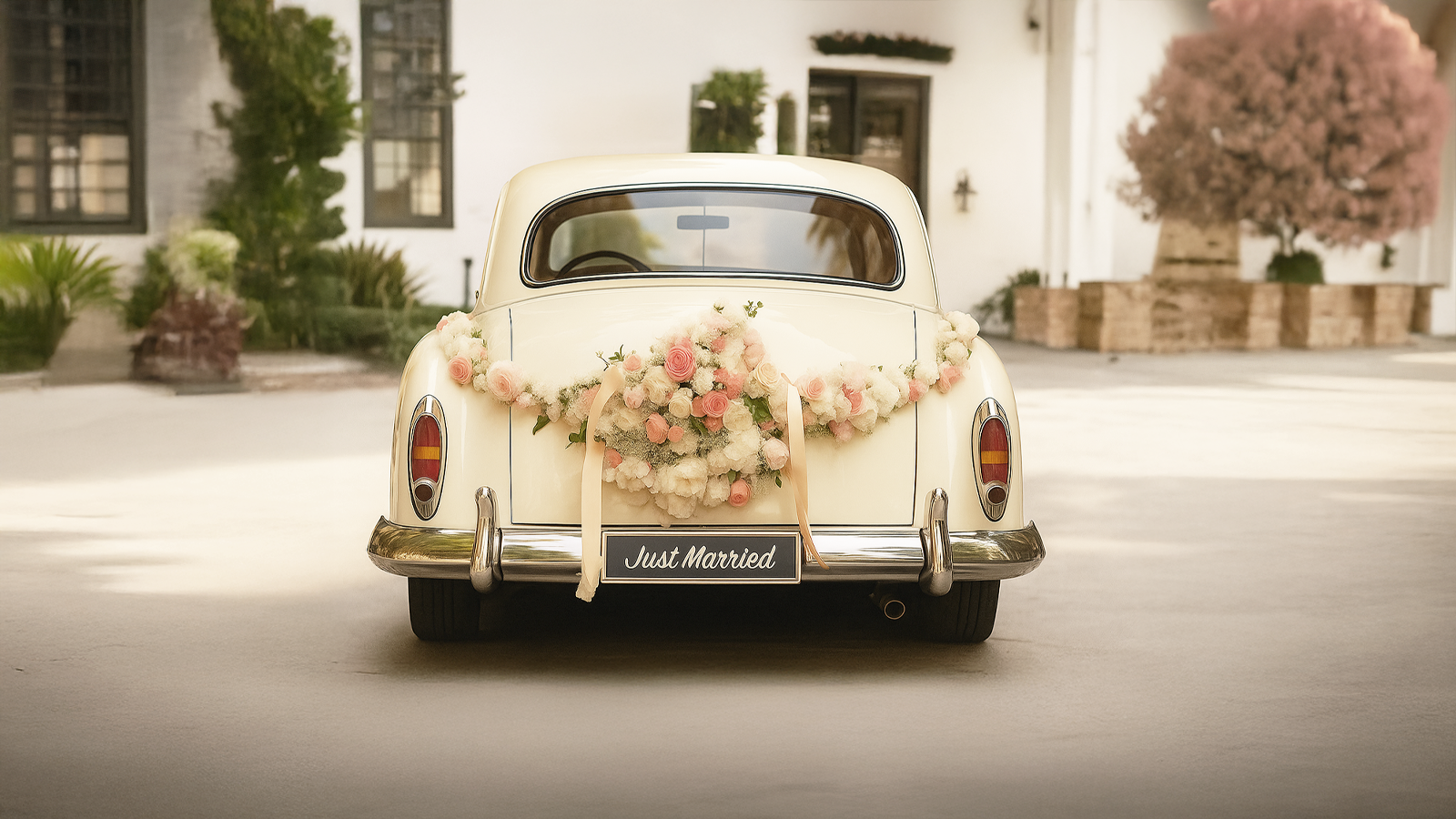 Der perfekte Abschluss eurer Traumhochzeit – stilvoll feiern mit Event-DJ Tom Hendrics Vintage-Hochzeitsauto mit Blumen und „Just Married“-Schild – emotionaler Abschluss einer perfekt geplanten Traumhochzeit mit Event-DJ Tom Hendrics