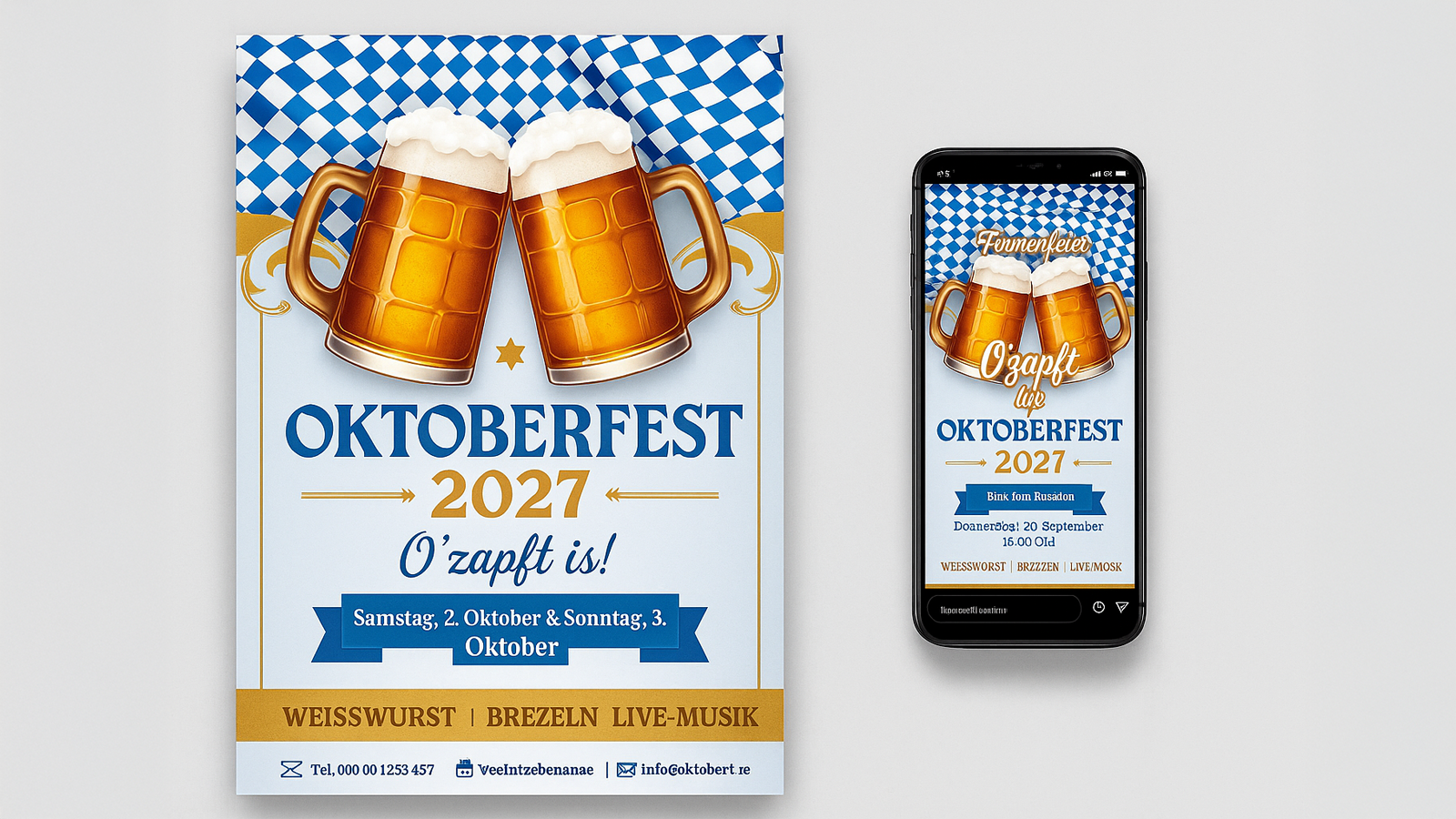 Oktoberfest 2027 erfolgreich bewerben – Plakatierung & Promotion-Tipps für Veranstalter Oktoberfest-Plakat mit Bierkrügen, Eventdaten und Kontaktinfos – effektive Promotion für Veranstalter mit Event-DJ Tom Hendrics