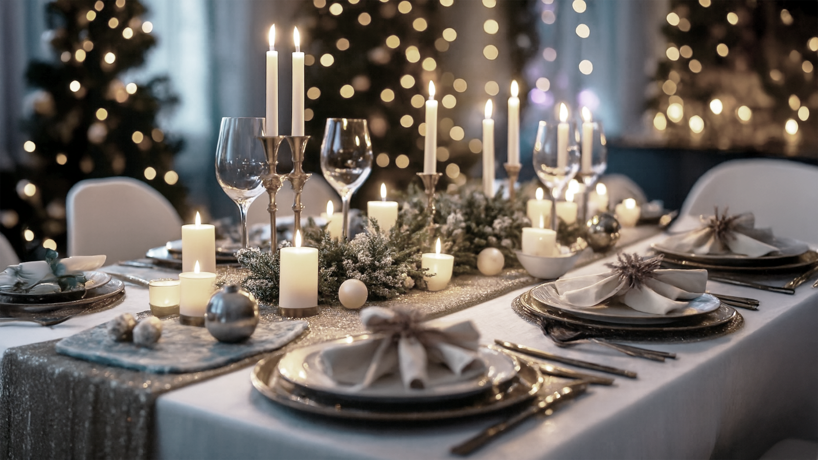 Die perfekte Tischdeko für die Silvesterparty – stilvolle Ideen & Tipps für Veranstalter Elegante Silvester-Tischdeko mit Kerzen, Goldakzenten und festlicher Winterdekoration – stilvolle Gestaltungsideen für Veranstalter mit Event-DJ Tom Hendrics