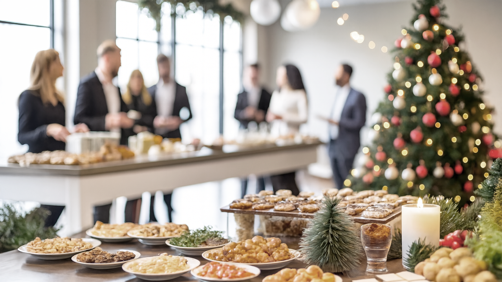 Die perfekte Weihnachtsfeier für Firmen – mit den besten Caterern aus Norddeutschland Festlich gedeckter Buffet-Tisch mit Weihnachtsdeko und Fingerfood – Catering für Firmen-Weihnachtsfeiern in Norddeutschland mit Event-DJ Tom Hendrics