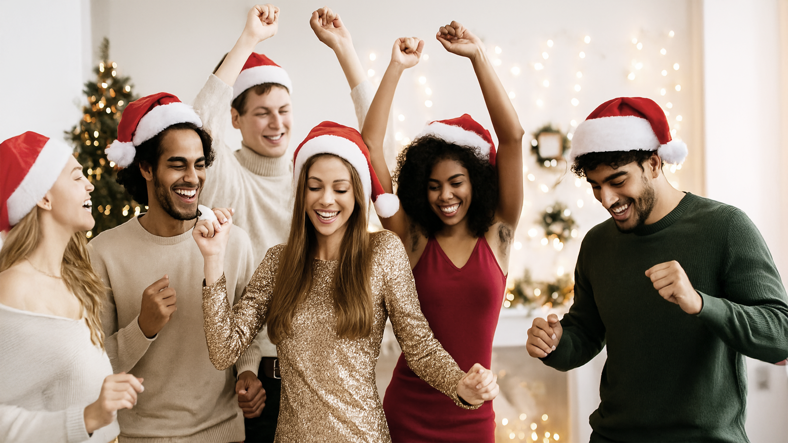 Legendäre Weihnachtsfeier feiern – mit den besten Partyhits & Event-DJ Tom Hendrics Tanzende Gäste mit Weihnachtsmützen in festlicher Atmosphäre – volle Tanzfläche und beste Partyhits mit Event-DJ Tom Hendrics von Hanseatic DJs